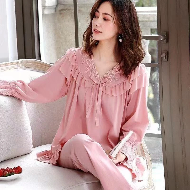 春秋女睡衣莫代尔绵绸长袖家居服套装可外穿宽松韩版蕾丝家居服