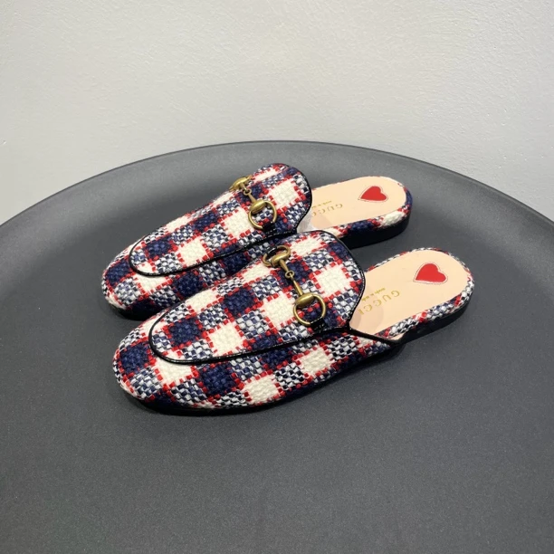 99新 GUCCI/古驰 格纹编织粗花呢拖鞋 38码 公价5K rys6