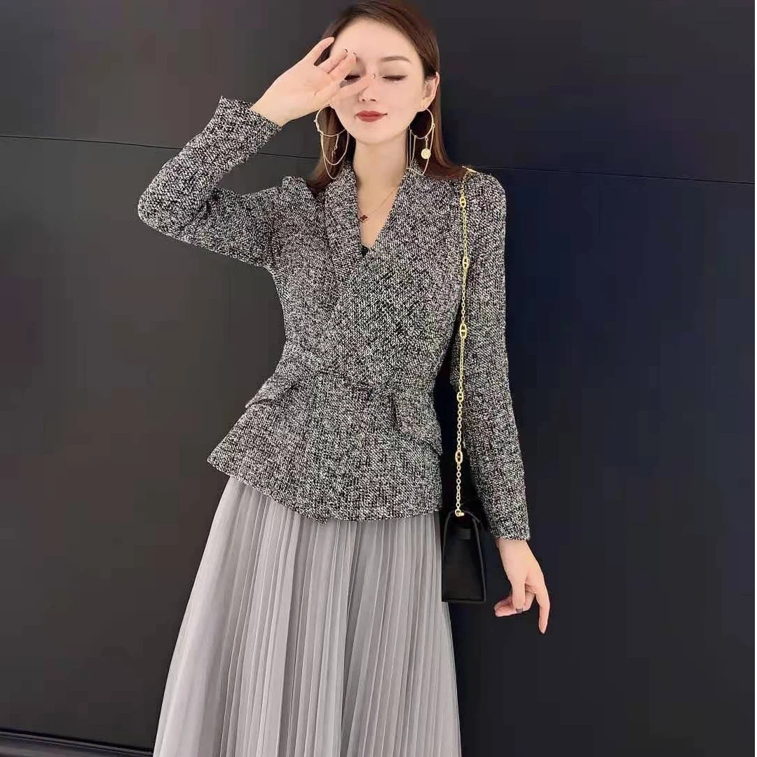 2024新款格雷系羊毛套装气质小香风收腰显瘦商务秋季复古上衣长裙