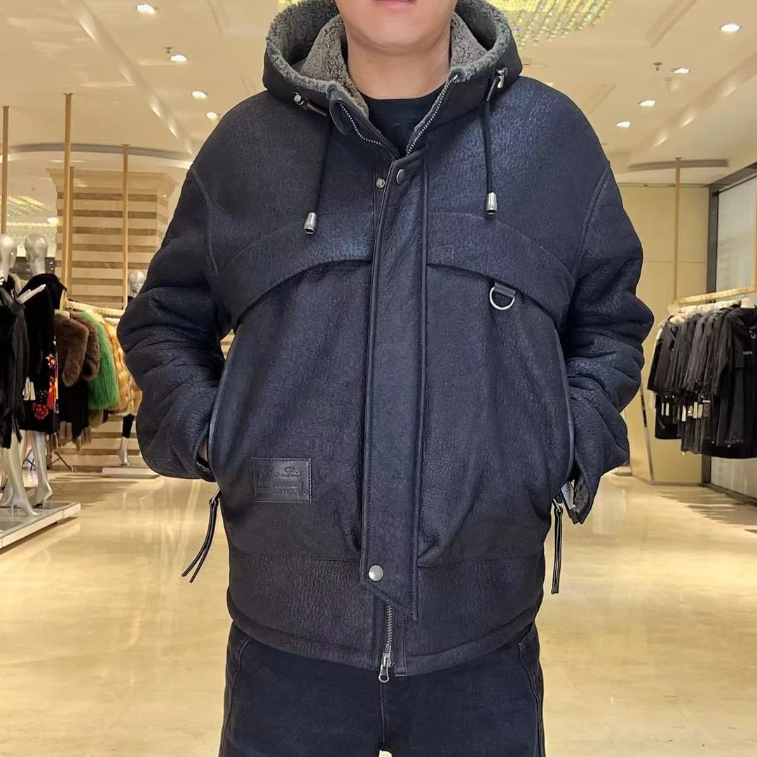 246707男连帽款-原生态皮毛一体-调性个性外套