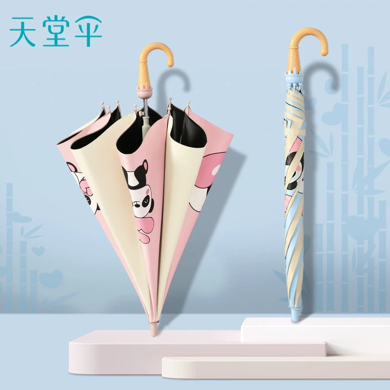 新品天堂伞直柄便携半自动黑胶遮阳学生长柄雨伞安全加固儿童雨伞
