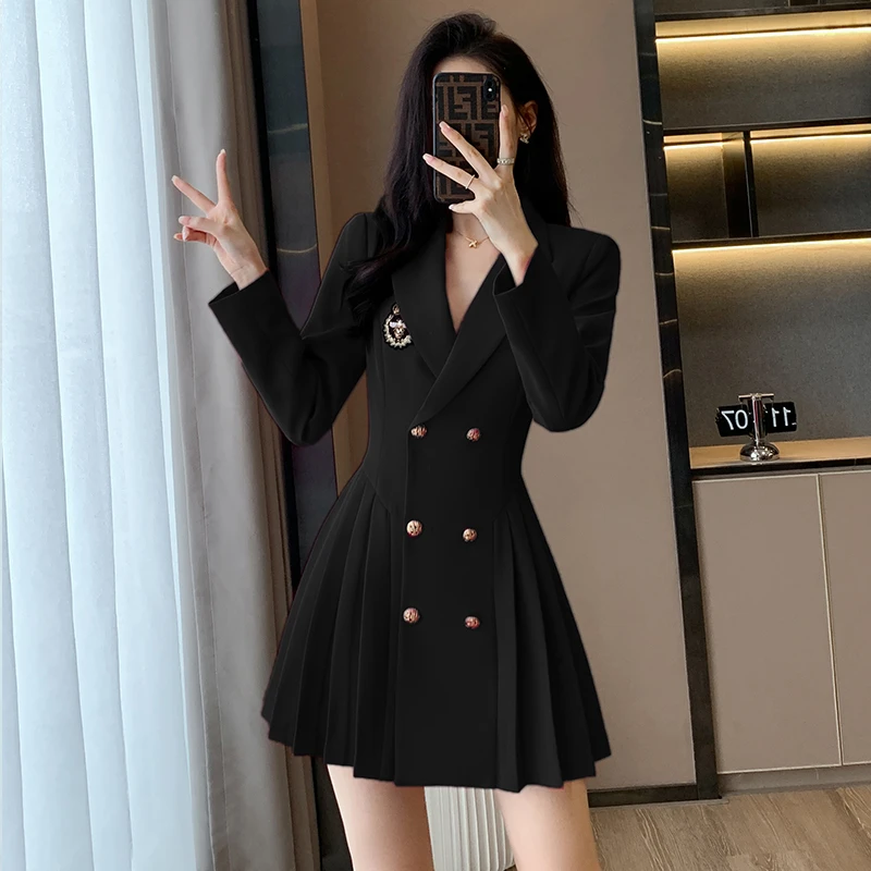 黑色学院风西装连衣裙女高级感春秋赫本风小黑裙百褶裙jk制服套装