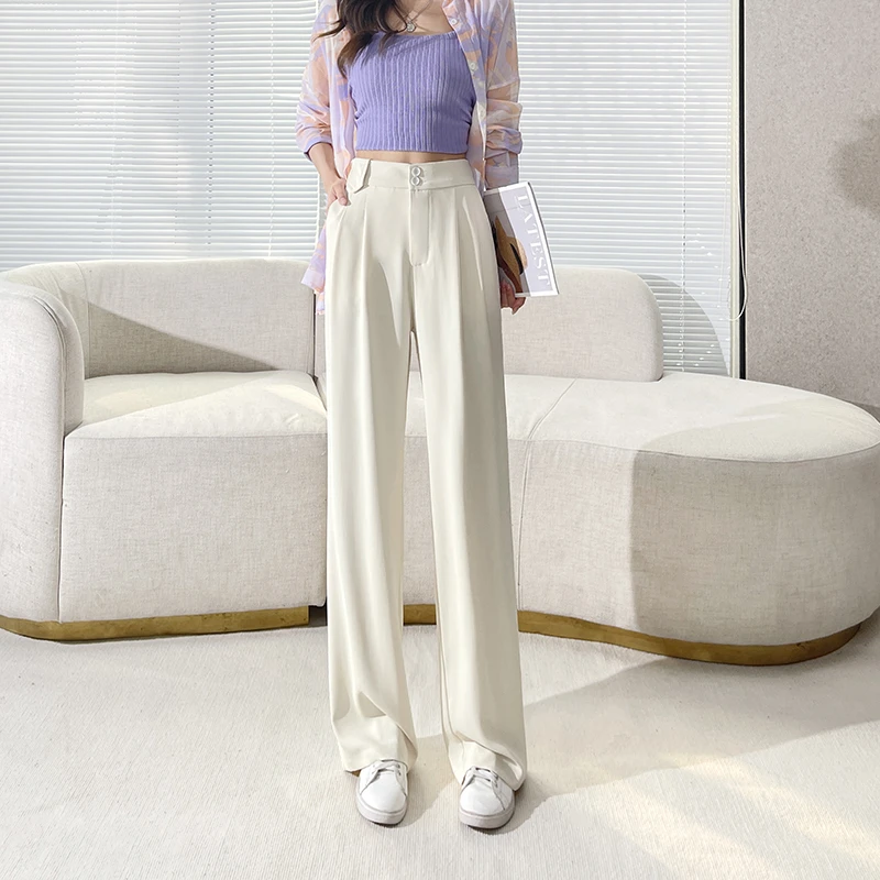 冰丝阔腿裤女夏季薄款2024新款高级感垂感小个子直筒绿色西装裤子