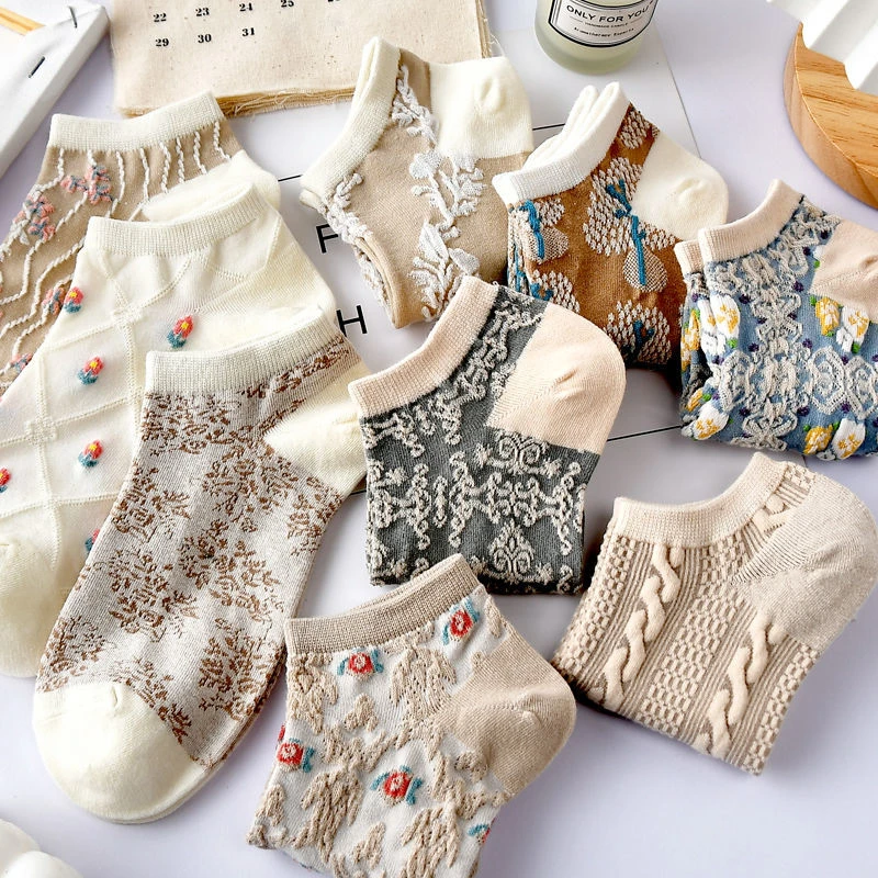 【9双装】春夏文艺复古袜子女可爱风百搭短袜夏季薄款碎花袜浅口YN