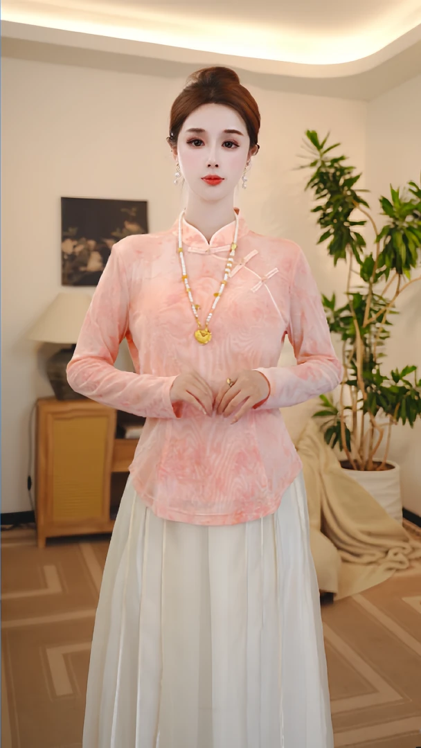 【人间蜜桃】新中式国风上衣女立领中式盘扣修身打底外穿长袖F9560