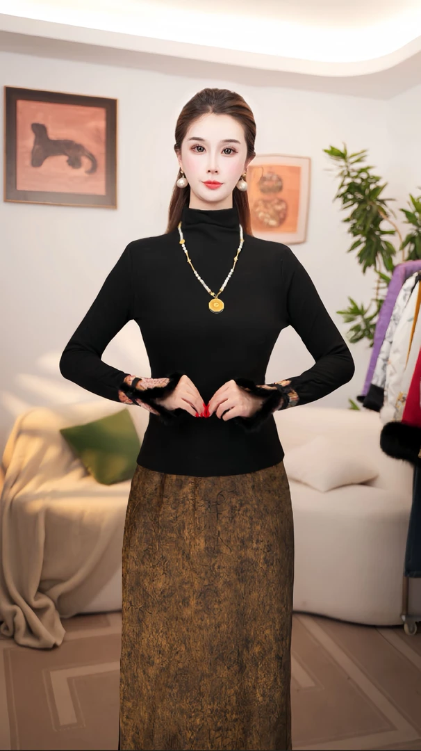 【如梦】拼接刺绣水貂毛打底衫新款内搭上衣t恤衫保暖弹力小衫E7007