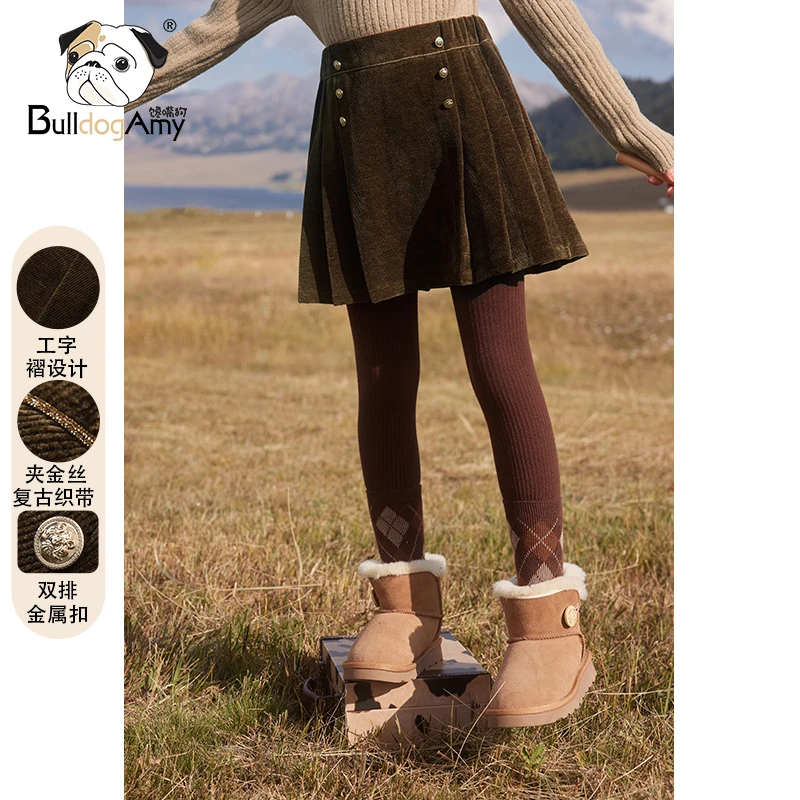 AF944124女童学院风百褶半身裙2025冬季新款洋气双排扣短款裙子