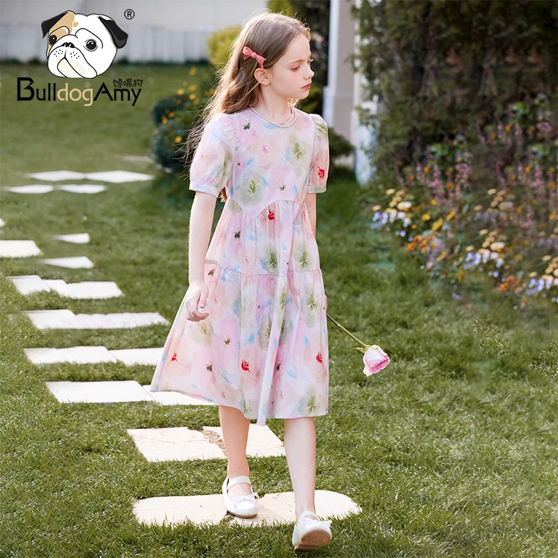 【现货】QF932266女童碎花连衣裙2025新款公主裙女孩粉色裙子中大童