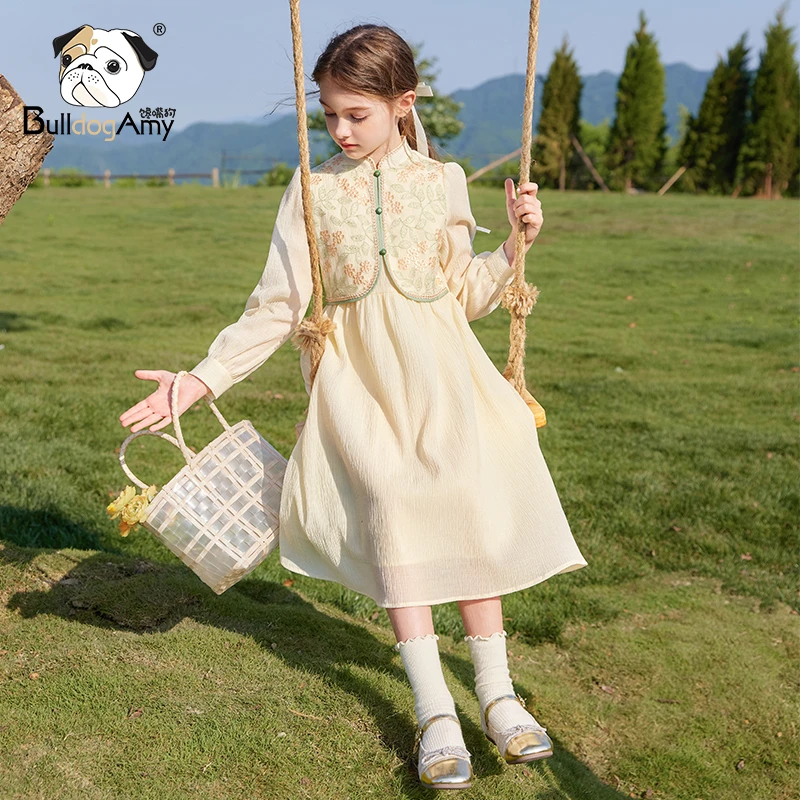 QF943250女童假两件国风连衣裙2025秋季新款洋气儿童泡泡袖公主裙