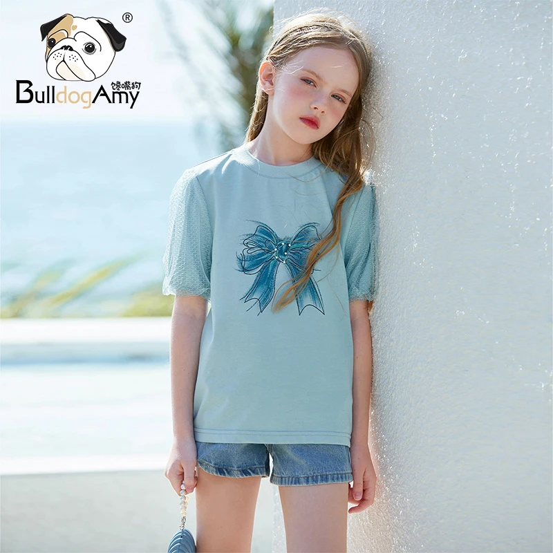 XF932505女童圆领T恤2023夏装新款洋气蝴蝶结印花网纱短袖上衣