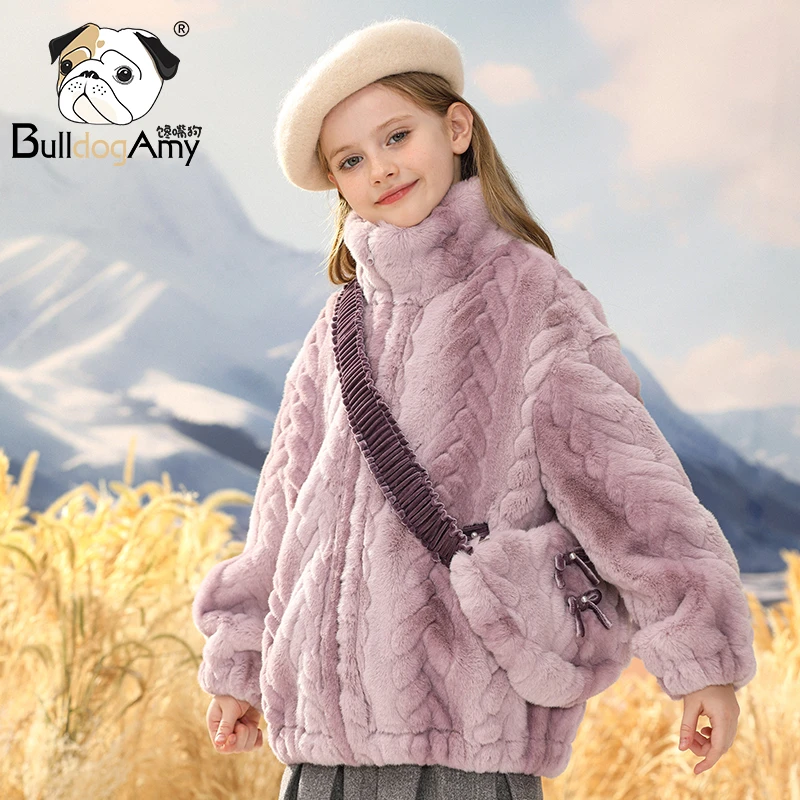 WF934424女童蝴蝶结毛绒外套2024秋冬季新款洋气儿童上衣中大童
