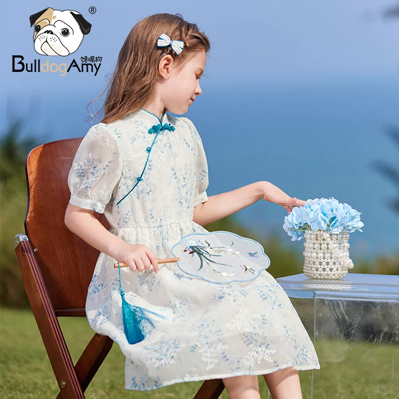 青花瓷女童新中式连衣裙2024夏季新款洋气儿童国风立领公主裙