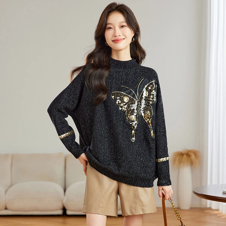 2024冬季新款高级感亮片蝴蝶慵懒毛衣时尚洋气小众漂亮御姐H
