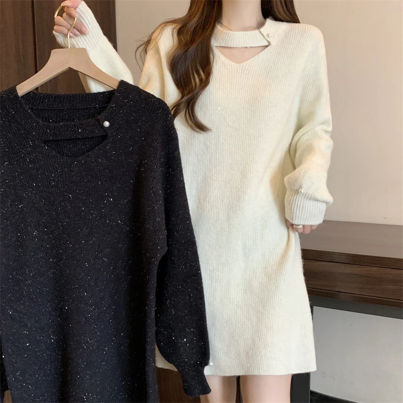 大码女装新款赫本风小心机镂空挂脖宽松灯笼袖亮丝连衣裙气质时尚