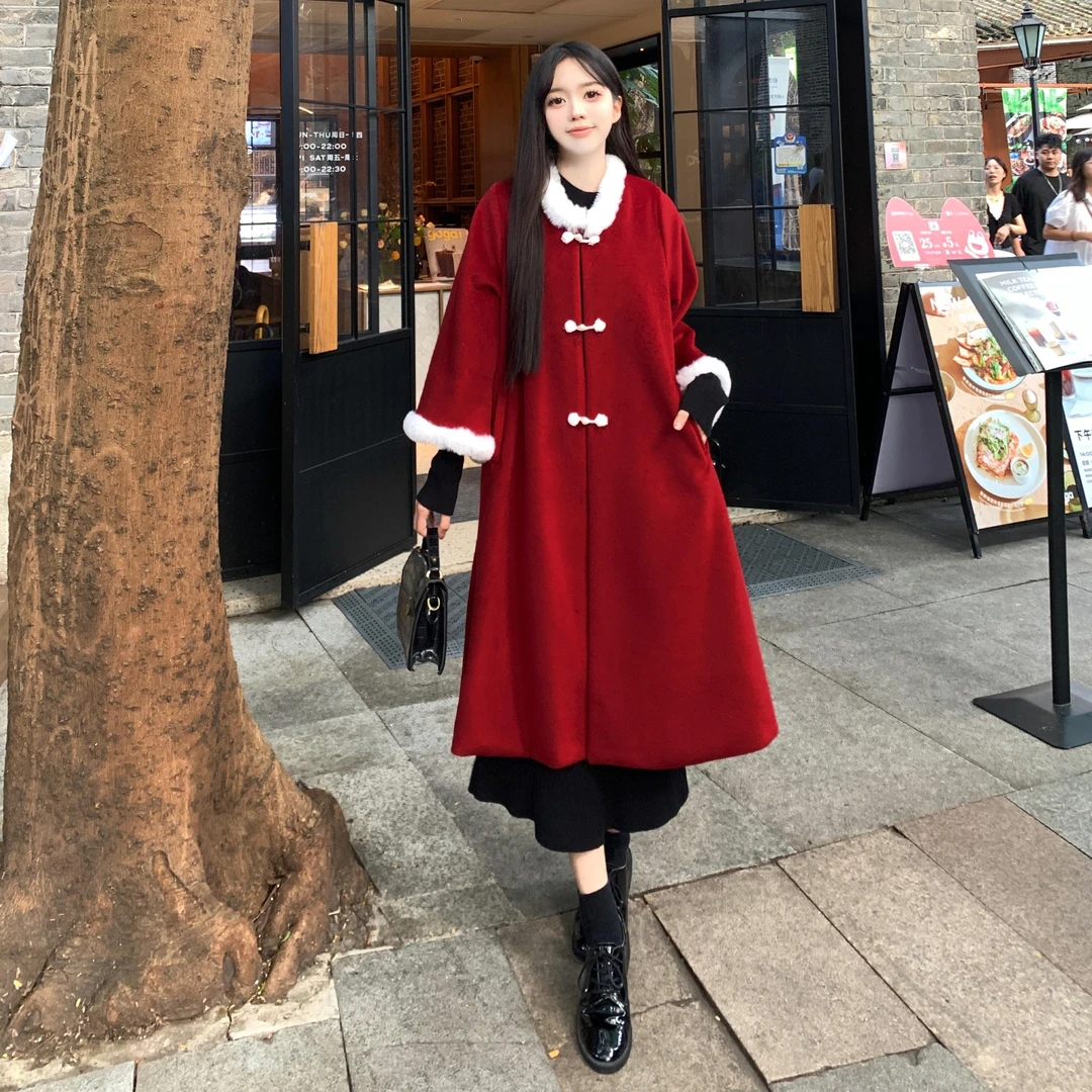 新中式国风冬红色长款加厚夹棉毛呢大衣宽松大码汉元素时尚洋气