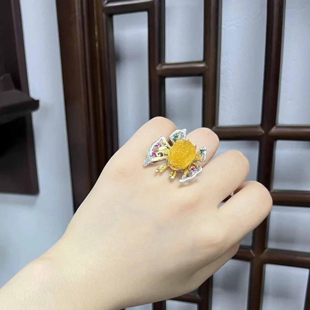 【莹莹专属】天然珠宝天然蜜蜡牡丹花戒指M1788