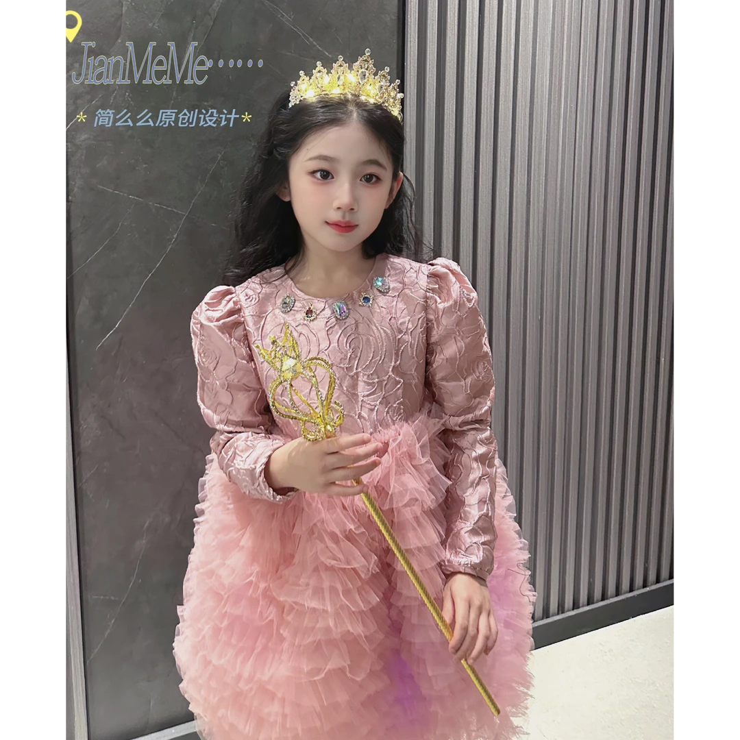 【魅惑巴黎】儿童秋冬款长袖加绒粉色连衣裙公主轻奢礼服裙CH2623