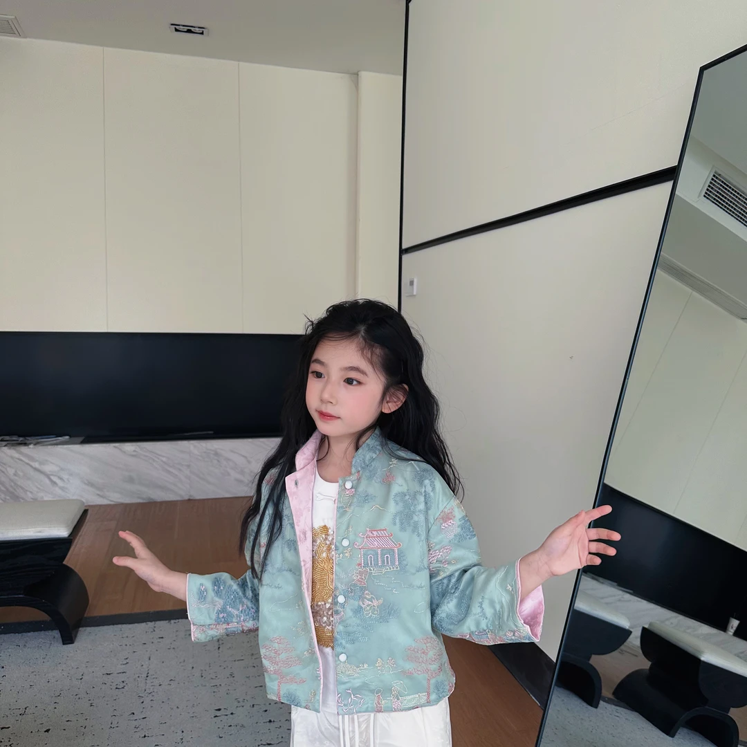 C063【亭台楼阁】儿童古风刺绣长袖中国风复古T恤外套241003T