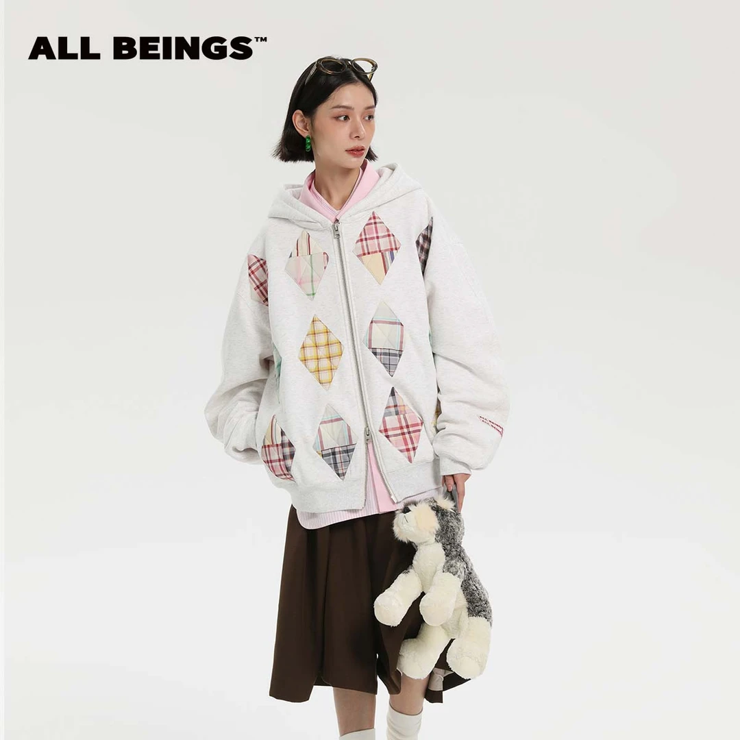 ALL BEINGS2024新款上花灰百家布菱格大廓形连帽卫衣