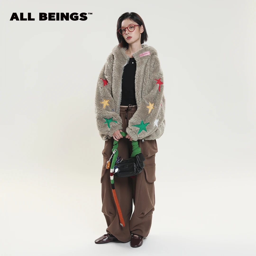 ALL BEINGS24AW新品上新厚款仿羊羔毛大廓形五星外套米灰浅绿双色
