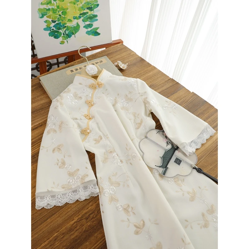 新中式气质优雅淑女范米白蕾丝倒大袖旗袍2025春秋季新款日常可穿