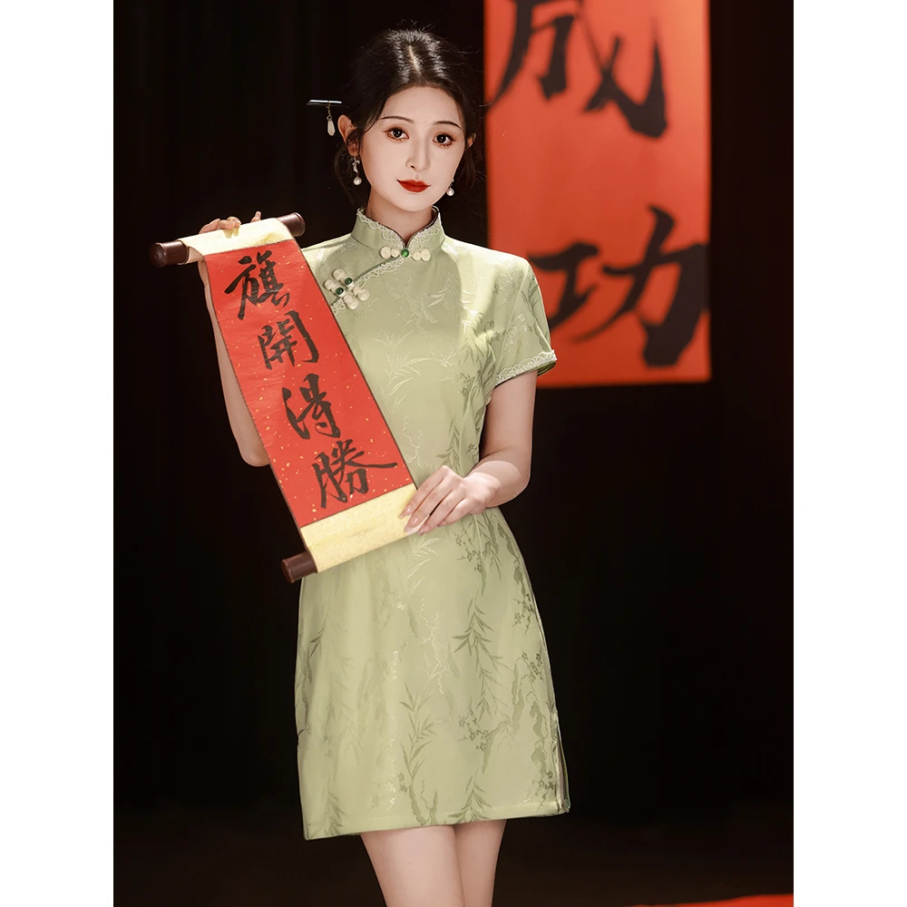 绿色高考送考旗袍2025新款小个子改良年轻妈妈陪考短款日常夏季