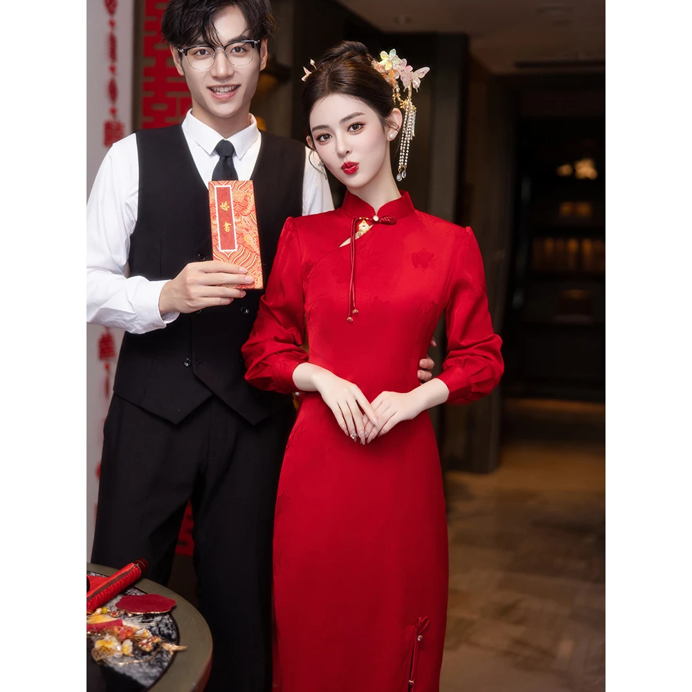 敬酒服新娘2024新款秋冬季长袖订婚礼服旗袍裙女结婚衣服红色婚服