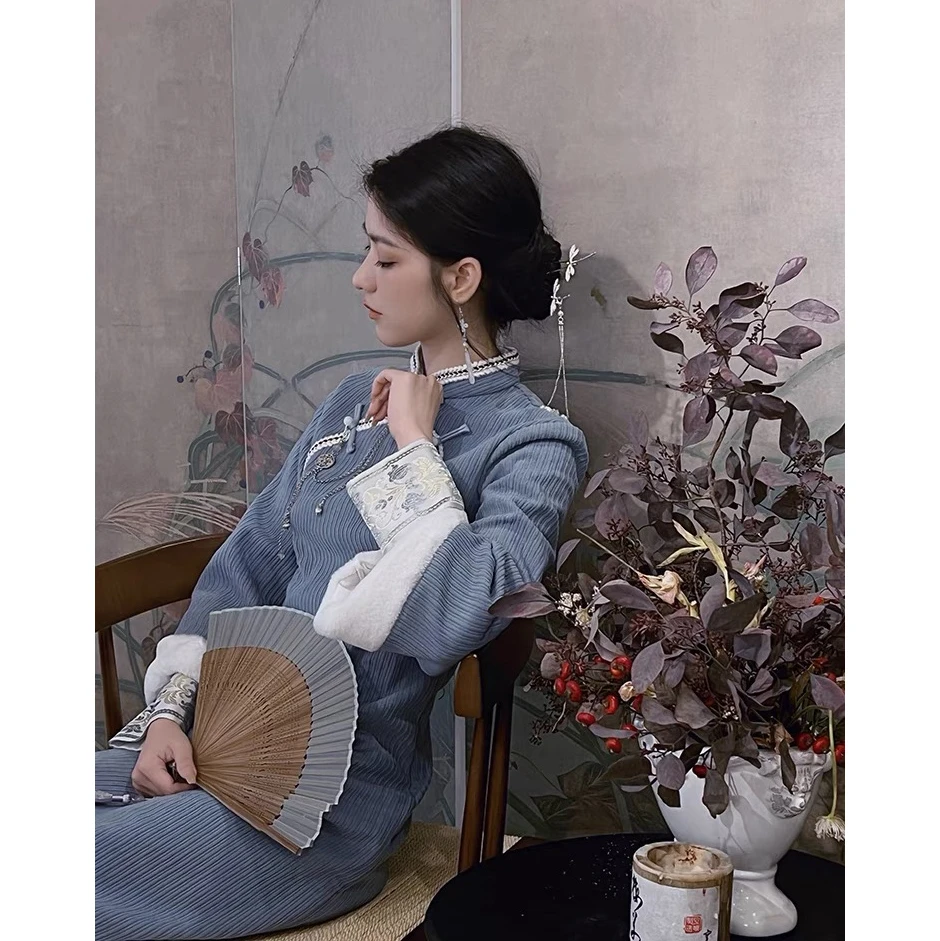 新中式蓝色加绒加厚旗袍2024年冬季新款少女改良修身款复古民国风