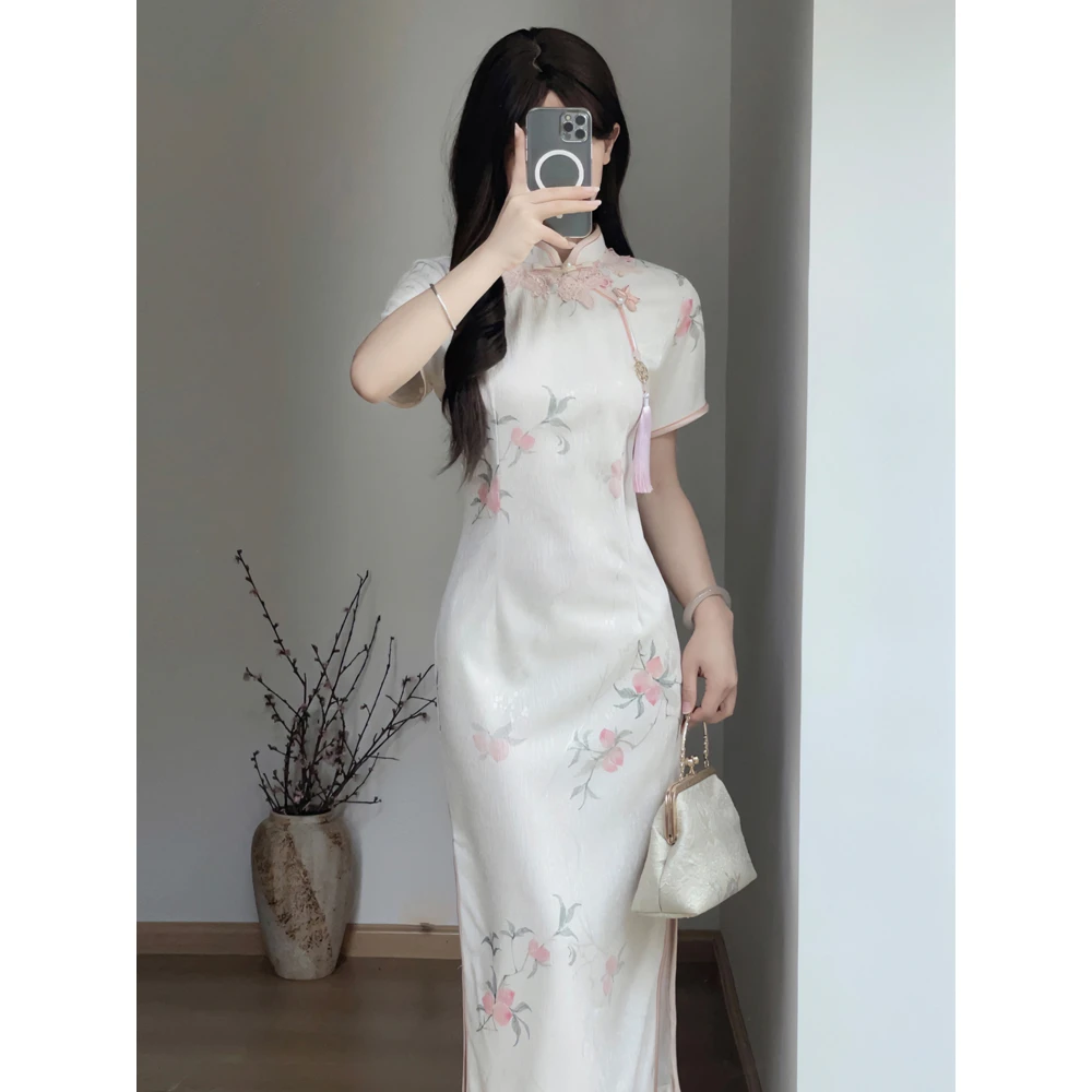 温柔少女蜜桃印花旗袍2024年夏季新款新中式改良年轻款气质连衣裙