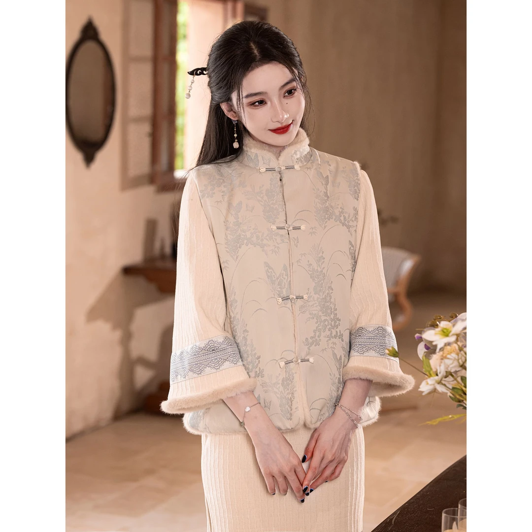 妤晴【寒月】年轻款毛领马甲旗袍搭配2024年冬季保暖加绒新中式日常