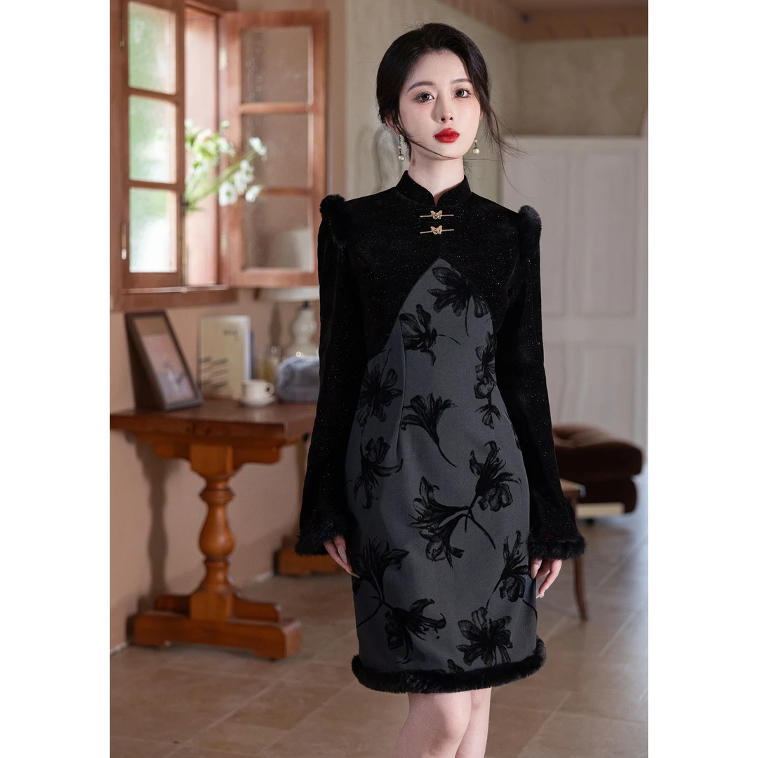 黑色旗袍2025新款秋冬加厚加绒保暖改良小个子短款复古日常新中式