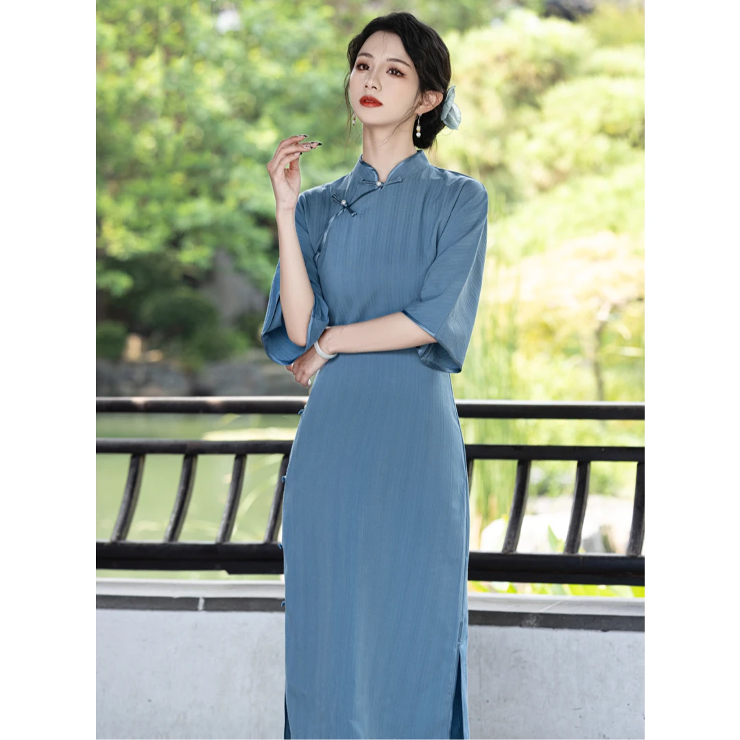年轻款倒大袖古法全开襟蓝色旗袍2025年秋季新款新中式日常连衣裙