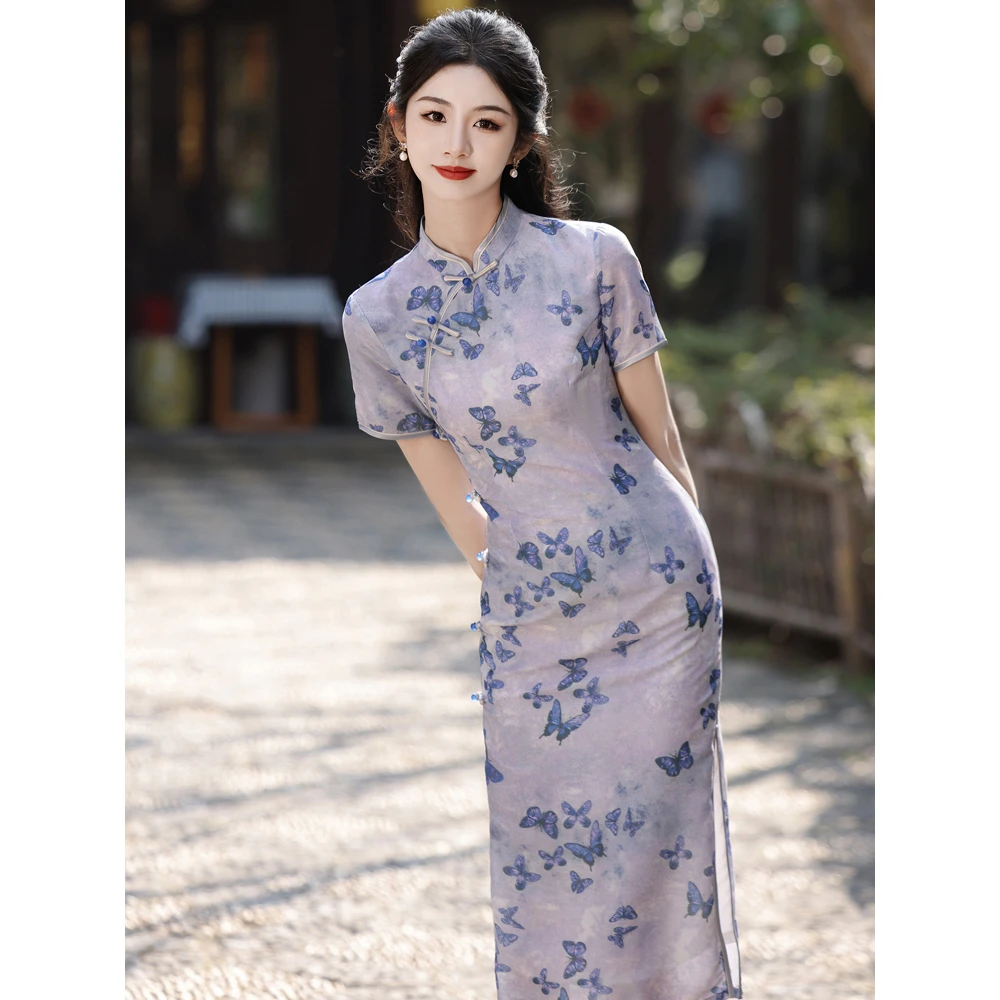 蝴蝶印花旗袍2024年夏季新款新中式改良年轻款少女连衣裙日常可穿