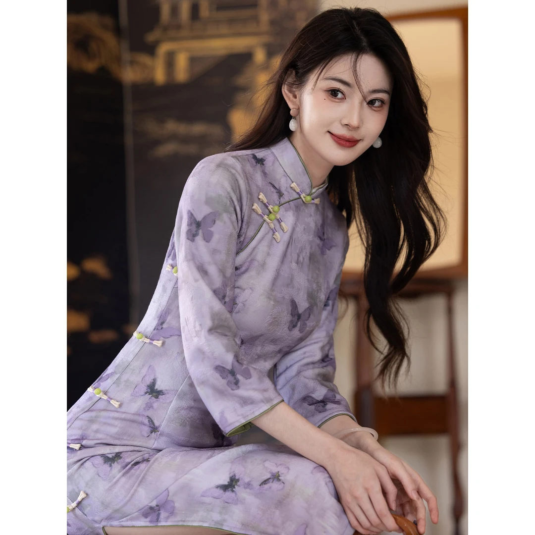 紫色旗袍女2024新款秋装秋冬季长袖改良新中式年轻款少女高端修身
