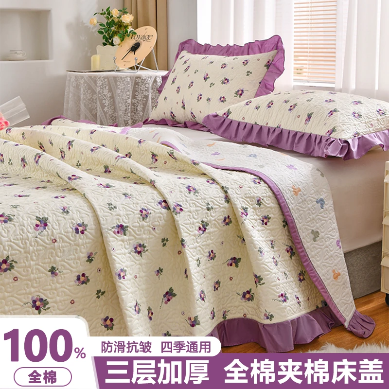 纯棉夹棉床盖单件100%全棉榻榻米加厚床单防滑床铺盖炕单四季通用