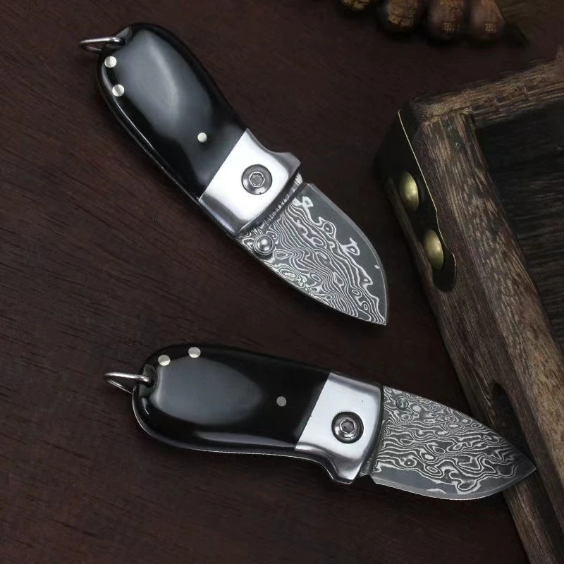 XSD 黑牛角手工大马士革随身携带野营垂钓露营户外精致简约折叠刀