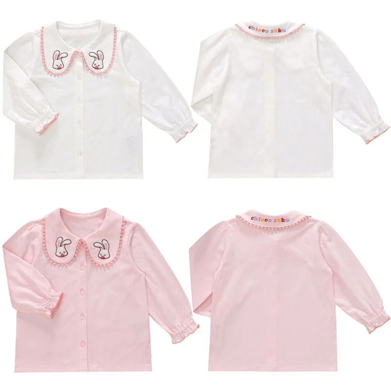 miki童装秋季女童长袖衬衣cs卡通可爱富贵兔刺绣花边领长袖衬衫