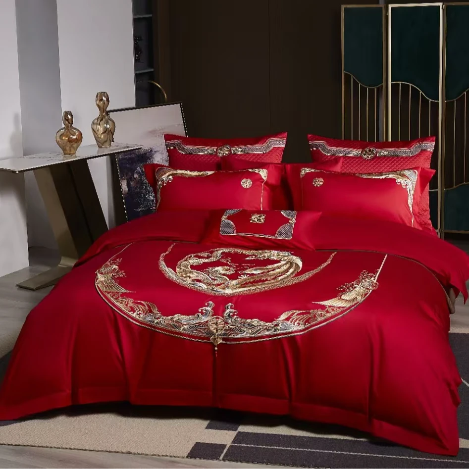 【龙凤情缘】高端刺绣婚庆贡缎长绒全棉时尚正大红色中式婚房四件套