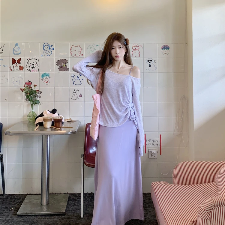 随意时髦 紫色吊带连衣裙薄款漏肩防晒罩衫两件套女