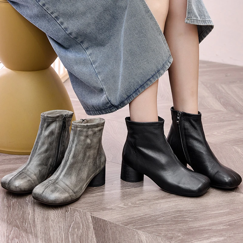 复古粗跟方头小香风短靴新款春秋单靴网红高跟鞋真皮个性骑士靴子