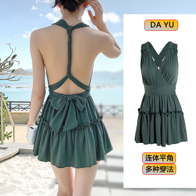 连体泳衣女裙式美露背新款性感大小胸聚拢仙女范遮肚平角保守温泉