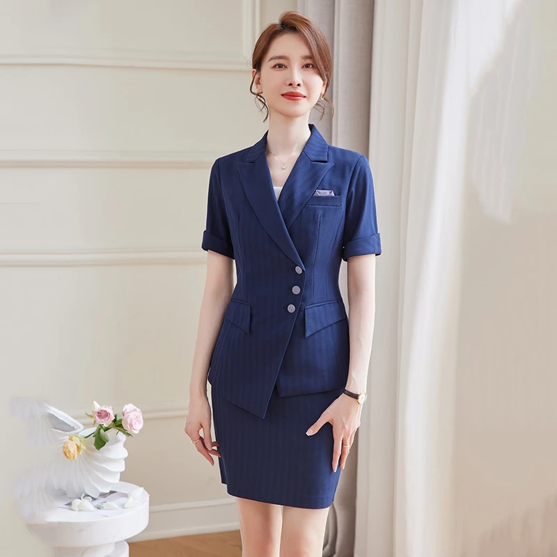 时尚夏季藏青色职业装西装套装女高端通勤西服套裙商务正装工作服