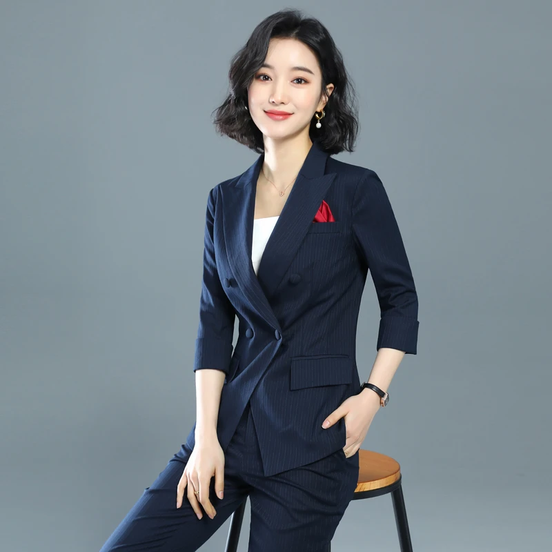 高端气质条纹职业装西装套装女总裁范商务西服正装酒店经理工作服