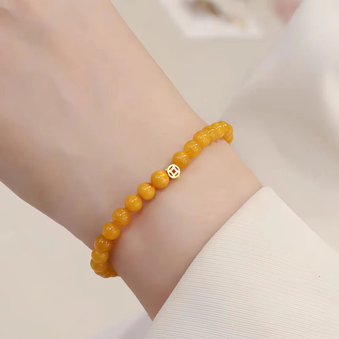 天然正品鸡油黄老蜜蜡琥珀手链铜钱吊坠手串招财转运老型玉石礼物