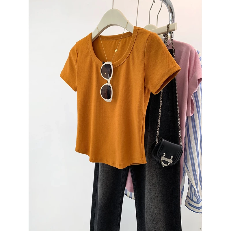 橘色短款正肩u领短袖t恤女夏夏季2024新款设计感小众纯色修身上衣