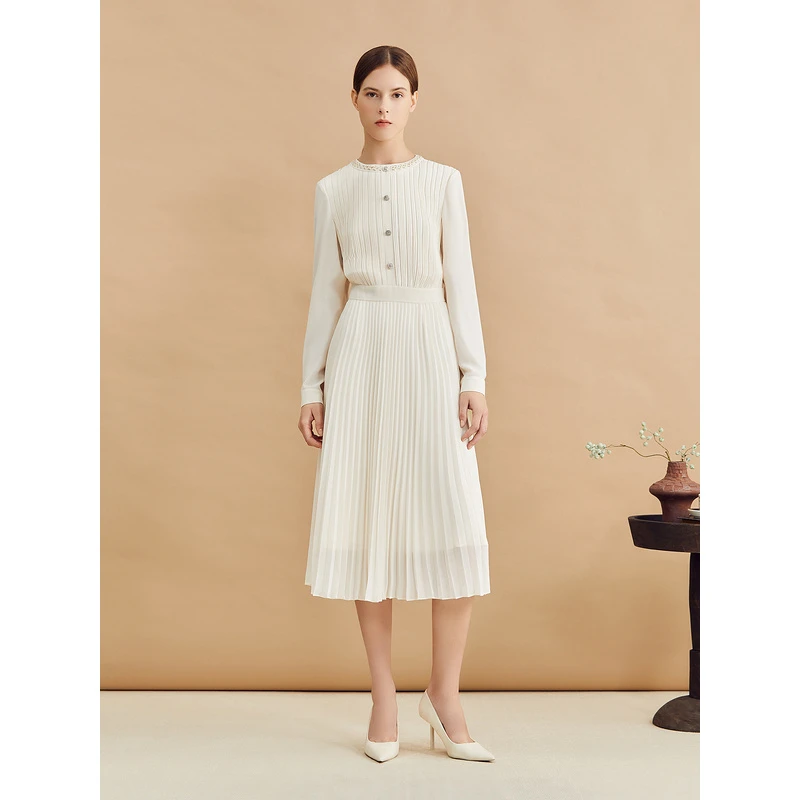 【优雅衣橱】YINER音儿专选新款艺术皱褶收腰百褶连衣裙