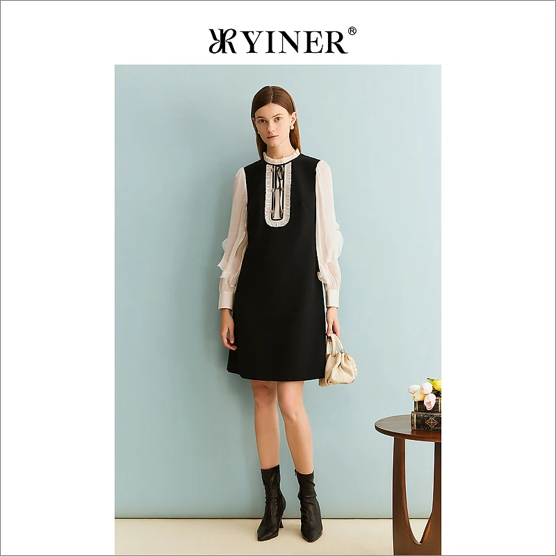 YINER音儿专选女装秋季法式撞色木耳花边通勤风连衣裙