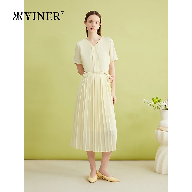 YINER音儿专选夏季法式V领系带收褶收腰百褶优雅连衣裙