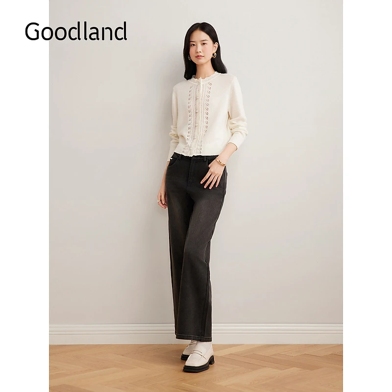 Goodland美地2025春季新款勾花边田园风毛针织衫仿珍珠上衣