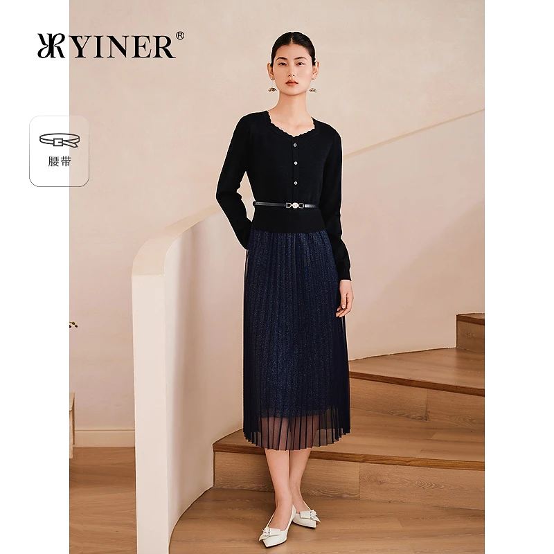 YINER音儿专选2025新款欧若智性风亮丝针织假两件网纱连衣裙
